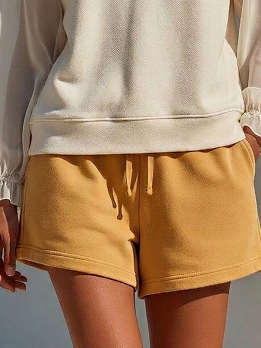 Women’s Off-White Sheer-Sleeve Henley Sweatshirt & Mustard Drawstring Shorts Two-Piece Set MDZ0734E0T