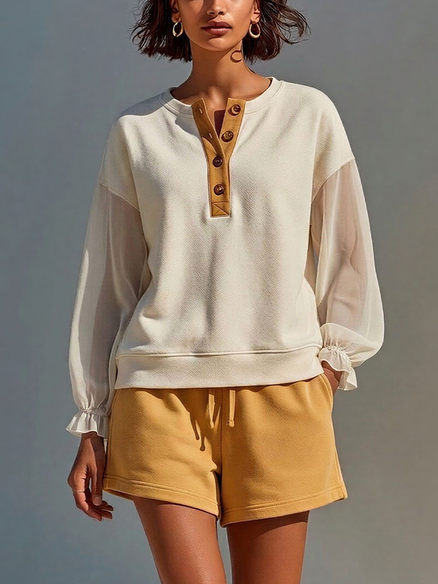 Women’s Off-White Sheer-Sleeve Henley Sweatshirt & Mustard Drawstring Shorts Two-Piece Set MDZ0734E0T