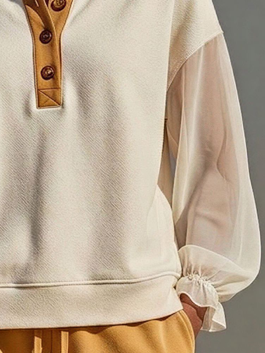 Women’s Off-White Sheer-Sleeve Henley Sweatshirt & Mustard Drawstring Shorts Two-Piece Set MDZ0734E0T