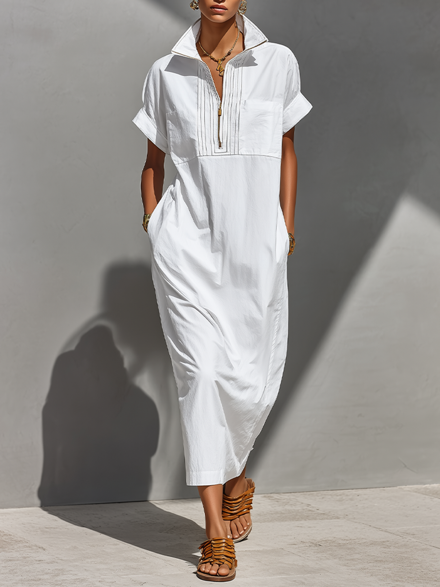 Women's White Cotton-Blend Maxi Shirt Dress With Half-Zip Collar & Rolled Sleeves, Timeless Casual Everyday Dress MDZ0779E4LYL