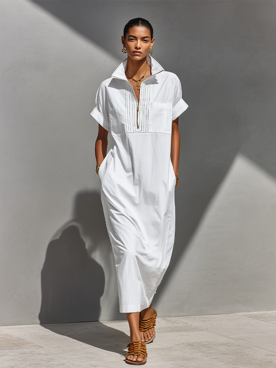 Women's White Cotton-Blend Maxi Shirt Dress With Half-Zip Collar & Rolled Sleeves, Timeless Casual Everyday Dress MDZ0779E4LYL