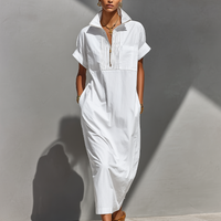 Women's White Cotton-Blend Maxi Shirt Dress With Half-Zip Collar & Rolled Sleeves, Timeless Casual Everyday Dress MDZ0779E4LYL