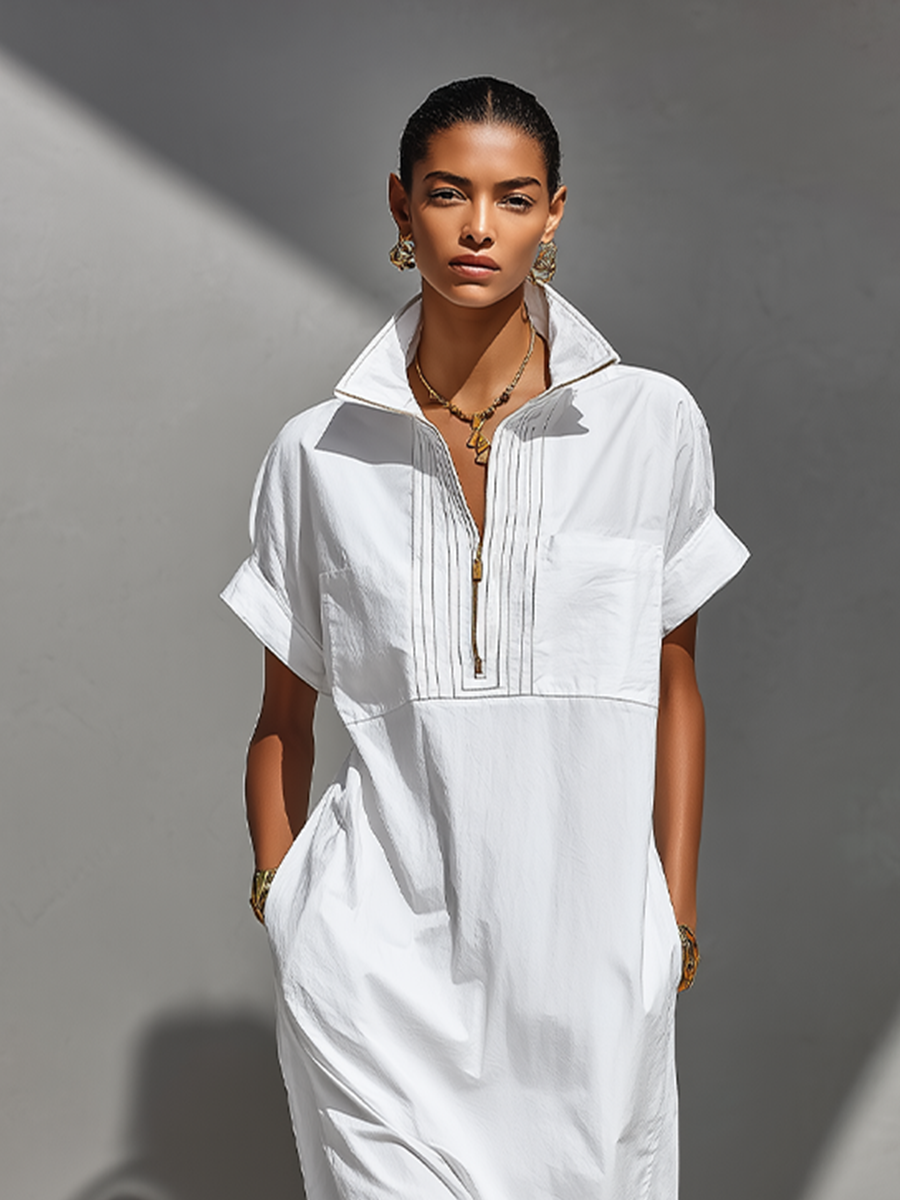 Women's White Cotton-Blend Maxi Shirt Dress With Half-Zip Collar & Rolled Sleeves, Timeless Casual Everyday Dress MDZ0779E4LYL