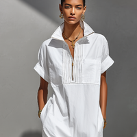 Women's White Cotton-Blend Maxi Shirt Dress With Half-Zip Collar & Rolled Sleeves, Timeless Casual Everyday Dress MDZ0779E4LYL