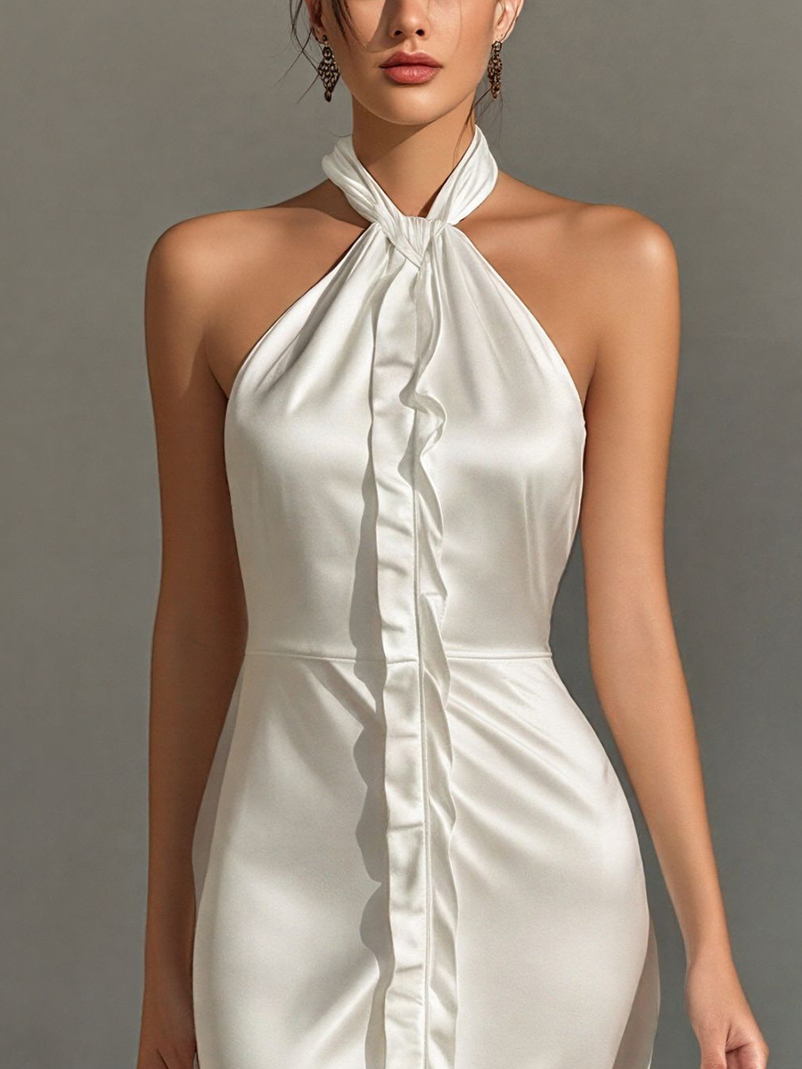 Women’s White Satin Halter Neck Maxi Dress With Ruffle Trim & Front Slit MDZ0797E9T