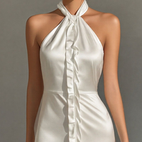 Women’s White Satin Halter Neck Maxi Dress With Ruffle Trim & Front Slit MDZ0797E9T
