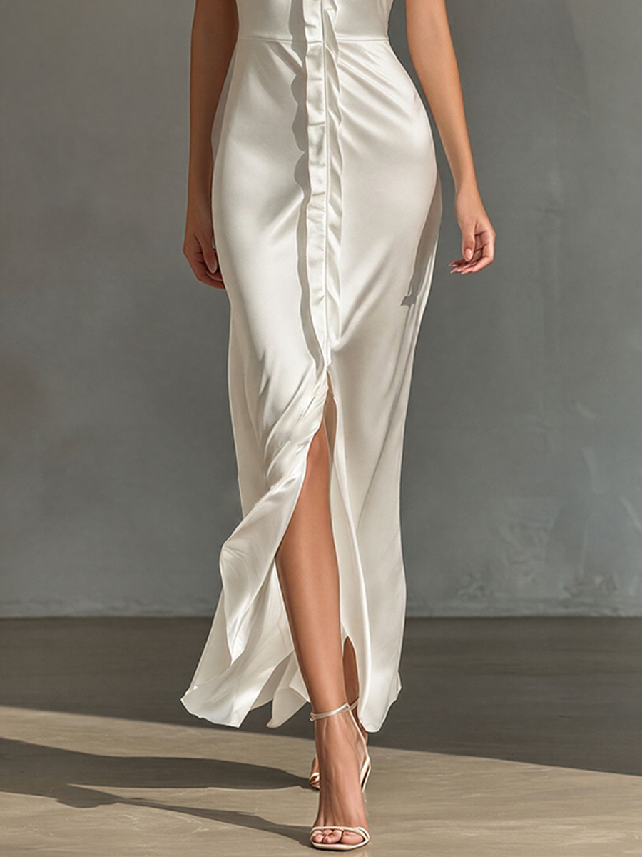 Women’s White Satin Halter Neck Maxi Dress With Ruffle Trim & Front Slit MDZ0797E9T