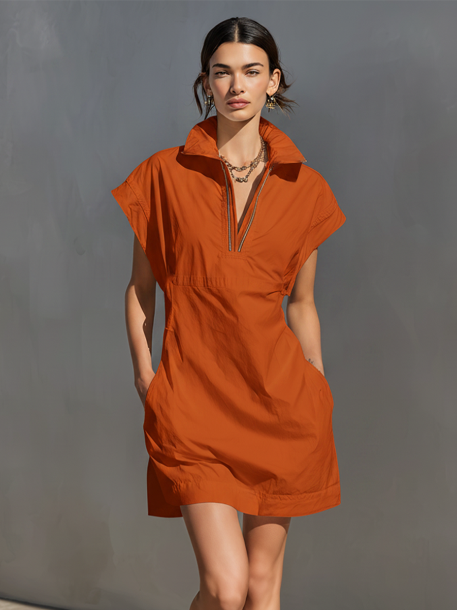 Women's Burnt Orange Cotton-Blend Mini Dress With Half-Zip Collar & Side Pockets, Timeless Casual Summer Dress MDZ0720E3LYL