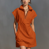 Women's Burnt Orange Cotton-Blend Mini Dress With Half-Zip Collar & Side Pockets, Timeless Casual Summer Dress MDZ0720E3LYL