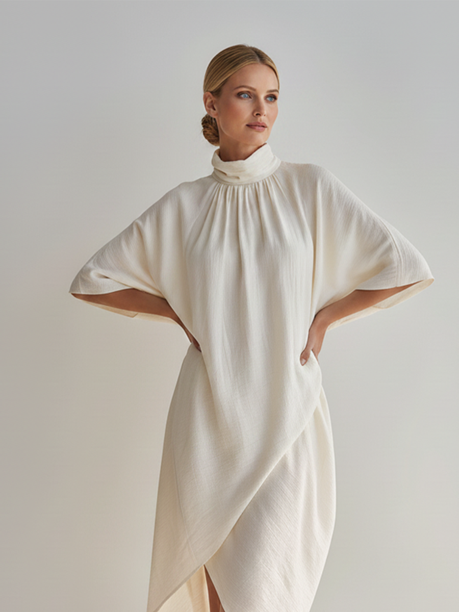Women's Cream Linen-Blend Midi Dress With Turtleneck & Dolman Sleeves, Timeless Minimalist Casual Dress MDZ0718E5LYL