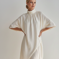 Women's Cream Linen-Blend Midi Dress With Turtleneck & Dolman Sleeves, Timeless Minimalist Casual Dress MDZ0718E5LYL