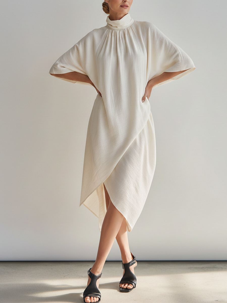 Women's Cream Linen-Blend Midi Dress With Turtleneck & Dolman Sleeves, Timeless Minimalist Casual Dress MDZ0718E5LYL