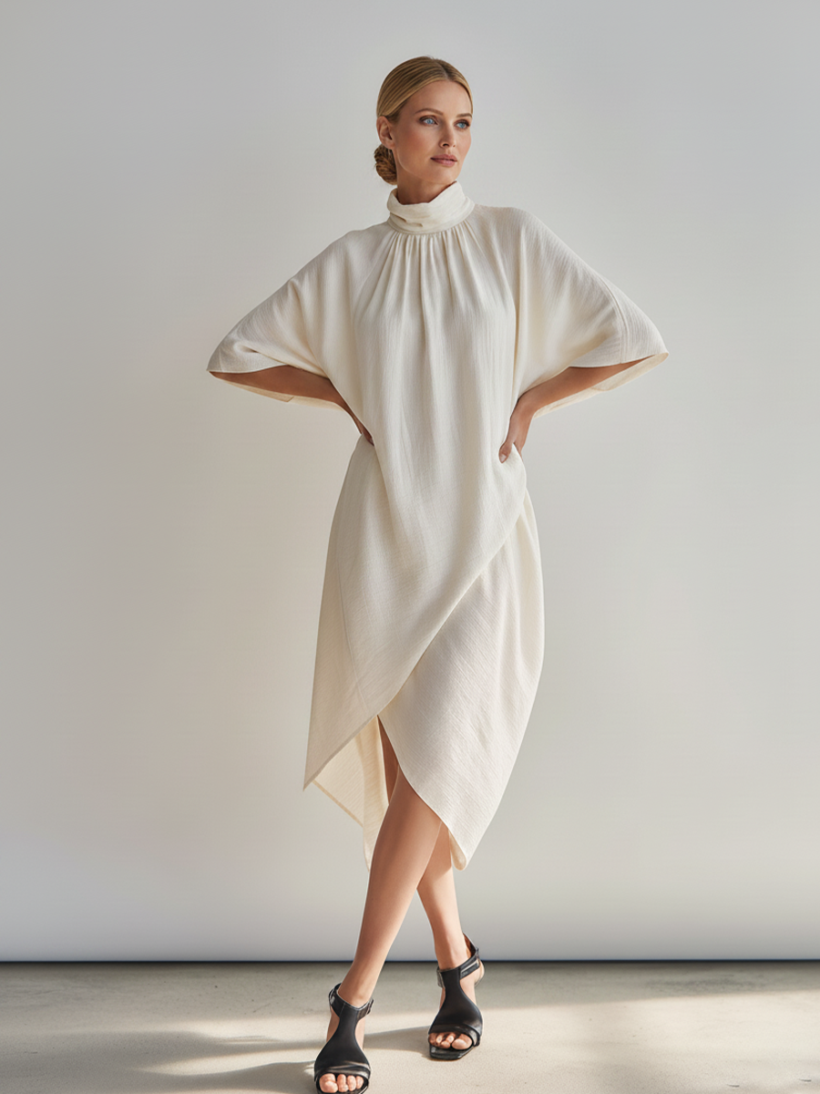 Women's Cream Linen-Blend Midi Dress With Turtleneck & Dolman Sleeves, Timeless Minimalist Casual Dress MDZ0718E5LYL