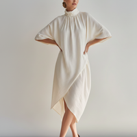 Women's Cream Linen-Blend Midi Dress With Turtleneck & Dolman Sleeves, Timeless Minimalist Casual Dress MDZ0718E5LYL