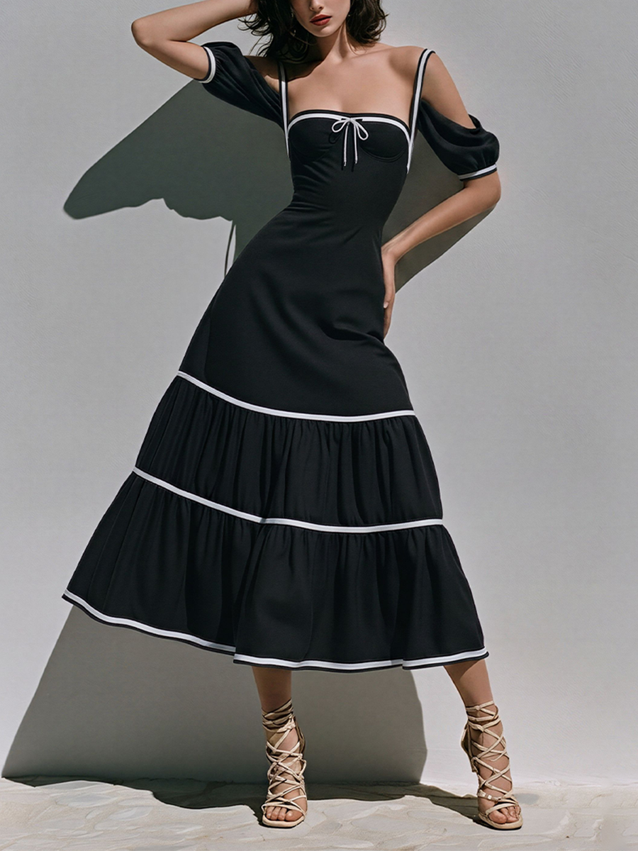 Women's Black Off-Shoulder Midi Dress With Bow Detail & Puff Sleeves, Modern Romantic Tiered Maxi Dress MDZ0789E8LYL
