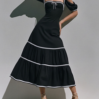 Women's Black Off-Shoulder Midi Dress With Bow Detail & Puff Sleeves, Modern Romantic Tiered Maxi Dress MDZ0789E8LYL