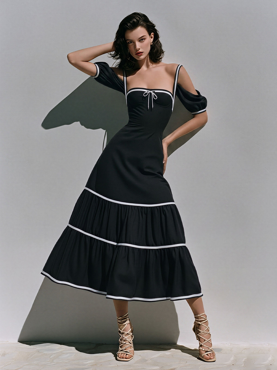 Women's Black Off-Shoulder Midi Dress With Bow Detail & Puff Sleeves, Modern Romantic Tiered Maxi Dress MDZ0789E8LYL