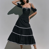 Women's Black Off-Shoulder Midi Dress With Bow Detail & Puff Sleeves, Modern Romantic Tiered Maxi Dress MDZ0789E8LYL