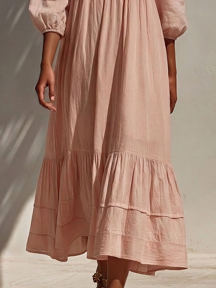 Women’s Blush Pink Cold-Shoulder Floral Embroidered Maxi Dress With Tiered Skirt MDZ0712E7T