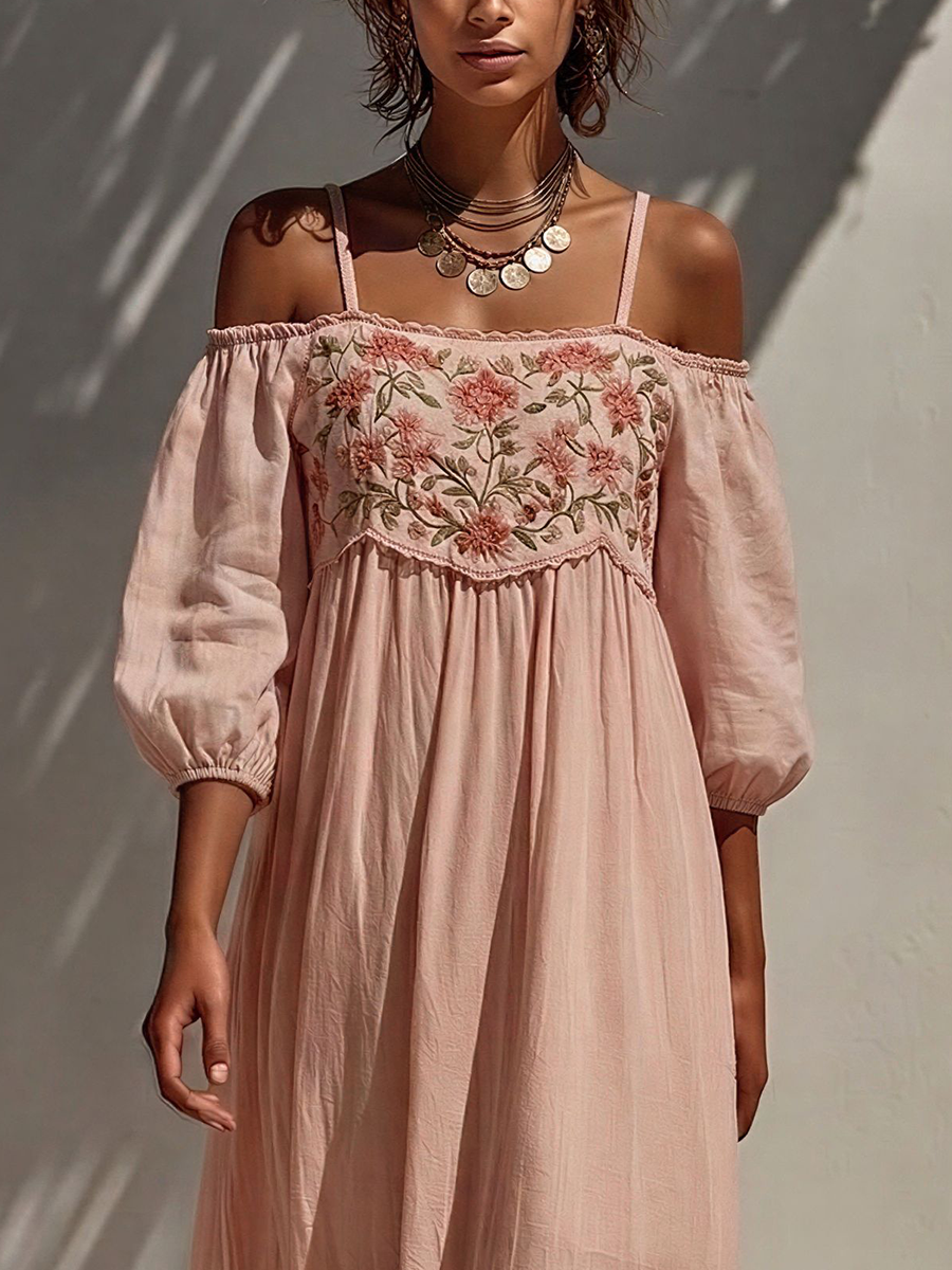 Women’s Blush Pink Cold-Shoulder Floral Embroidered Maxi Dress With Tiered Skirt MDZ0712E7T