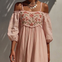 Women’s Blush Pink Cold-Shoulder Floral Embroidered Maxi Dress With Tiered Skirt MDZ0712E7T