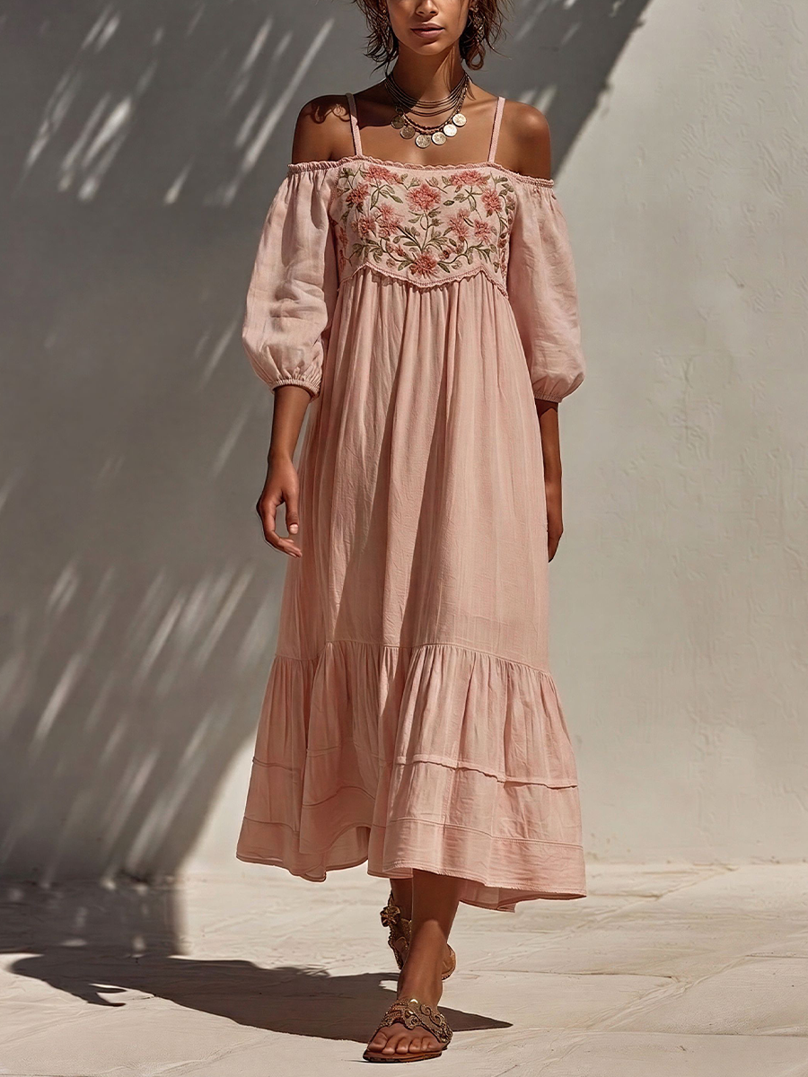 Women’s Blush Pink Cold-Shoulder Floral Embroidered Maxi Dress With Tiered Skirt MDZ0712E7T