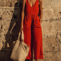 Women's Red Linen V-Neck Cropped Jumpsuit With Patch Pockets, Contemporary Minimalist Vacation Outfit MDZ0769E5LYL