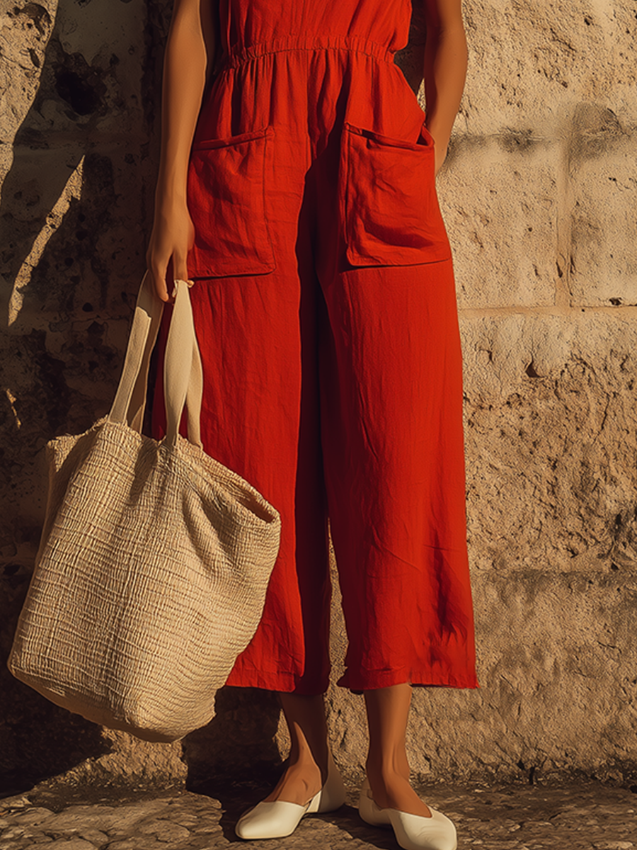 Women's Red Linen V-Neck Cropped Jumpsuit With Patch Pockets, Contemporary Minimalist Vacation Outfit MDZ0769E5LYL