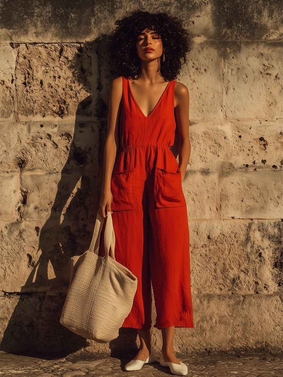 Women's Red Linen V-Neck Cropped Jumpsuit With Patch Pockets, Contemporary Minimalist Vacation Outfit MDZ0769E5LYL