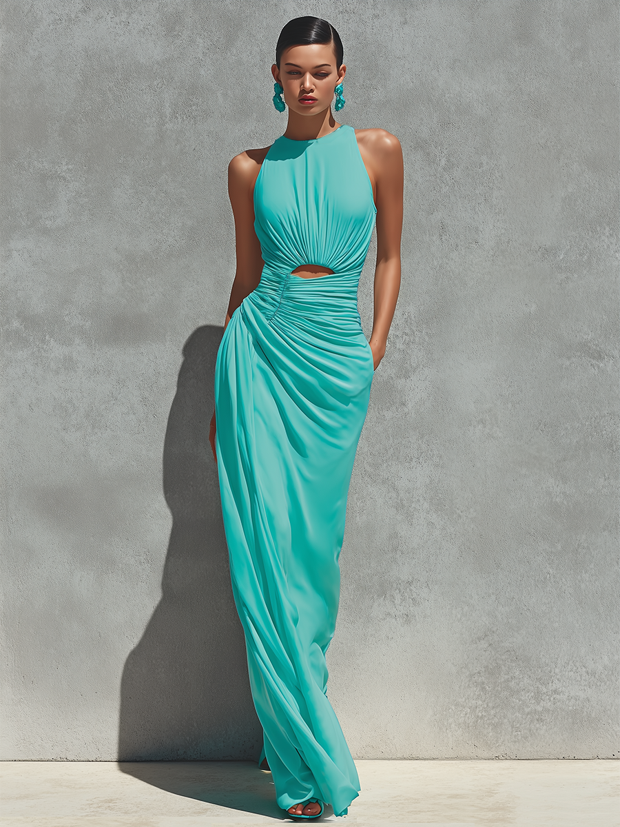 Women's Jersey Knit Maxi Dress With Front Ruched Waist & Side Pocket, Contemporary Sophisticated Party Dress MDZ0748E3LYL