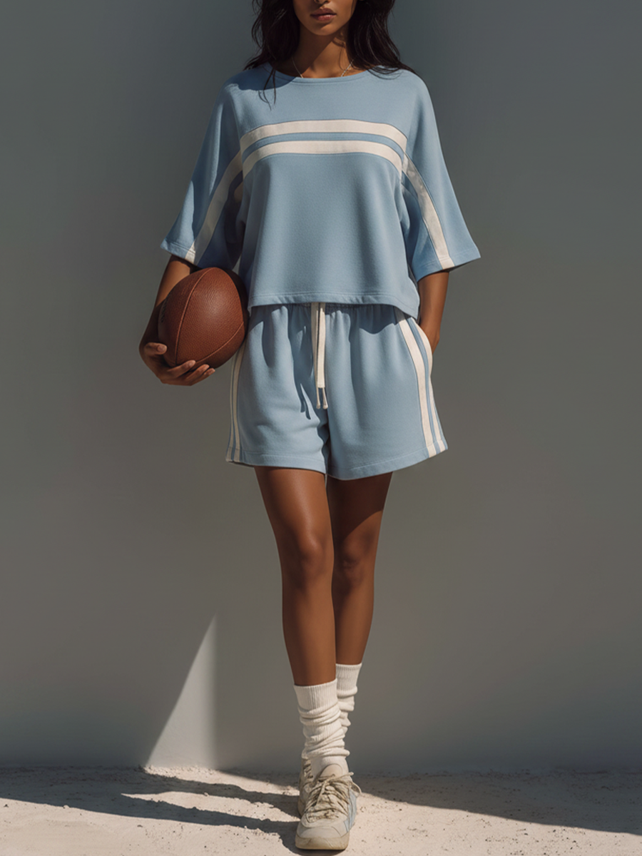 Women's Light Blue Cotton-Blend Stripe Co-Ord Set With Crop Top & Shorts,  Modern Sporty-Chic Outfit MDZ0771E9LYL