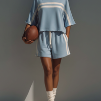 Women's Light Blue Cotton-Blend Stripe Co-Ord Set With Crop Top & Shorts,  Modern Sporty-Chic Outfit MDZ0771E9LYL