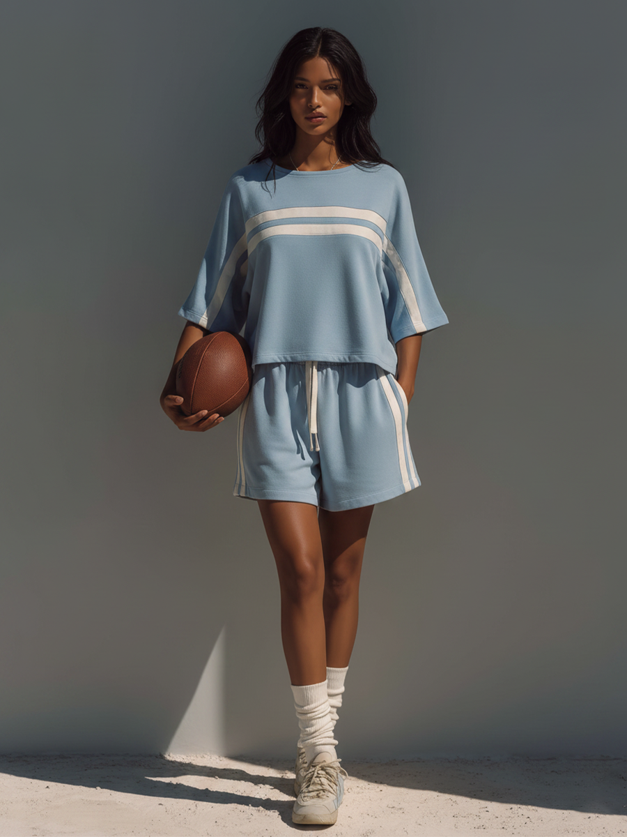 Women's Light Blue Cotton-Blend Stripe Co-Ord Set With Crop Top & Shorts,  Modern Sporty-Chic Outfit MDZ0771E9LYL