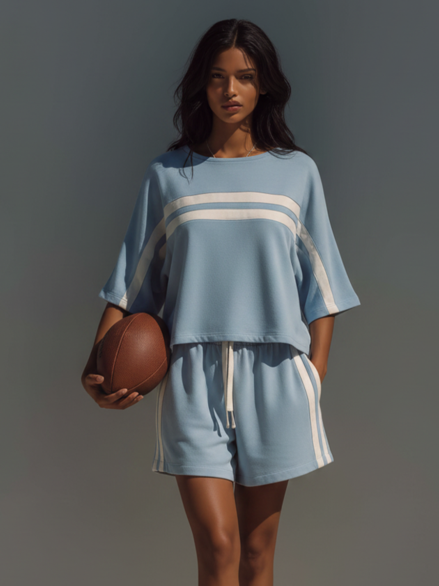 Women's Light Blue Cotton-Blend Stripe Co-Ord Set With Crop Top & Shorts,  Modern Sporty-Chic Outfit MDZ0771E9LYL