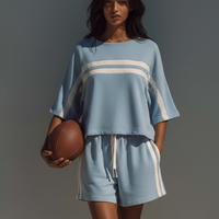Women's Light Blue Cotton-Blend Stripe Co-Ord Set With Crop Top & Shorts,  Modern Sporty-Chic Outfit MDZ0771E9LYL