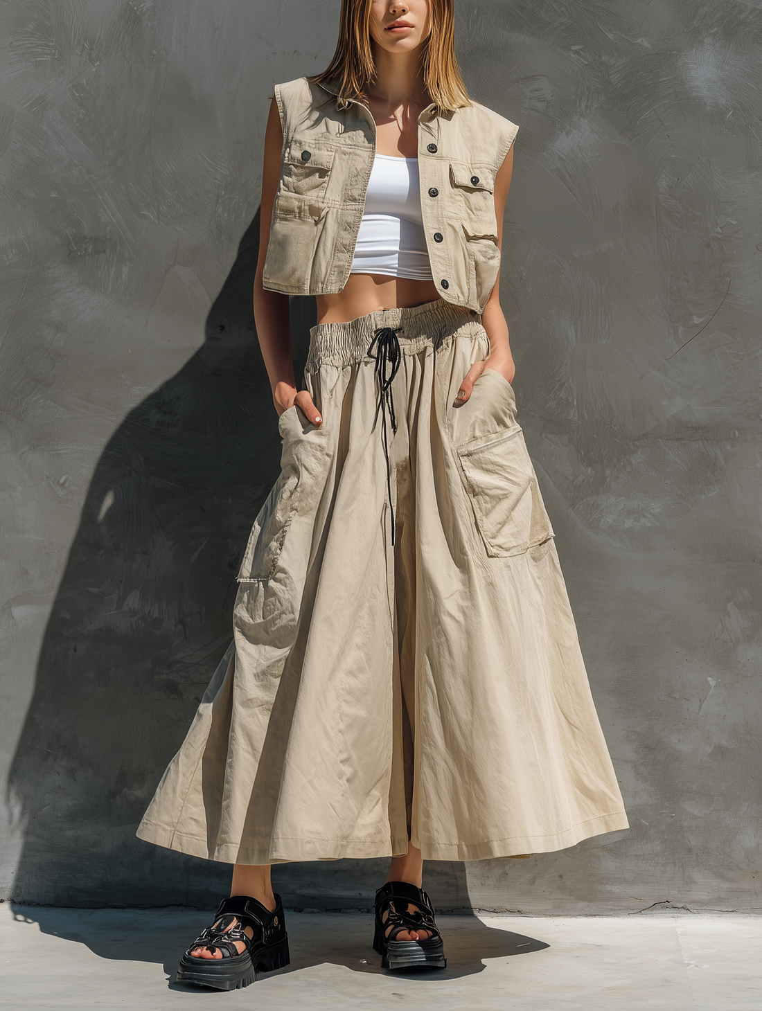 Women's Casual Khaki Woven Sleeveless Cropped Top/Vest Paired With A Long Skirt (Inner Layer Not Included) MDZ0763E5LXY