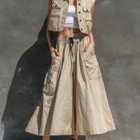 Women's Casual Khaki Woven Sleeveless Cropped Top/Vest Paired With A Long Skirt (Inner Layer Not Included) MDZ0763E5LXY