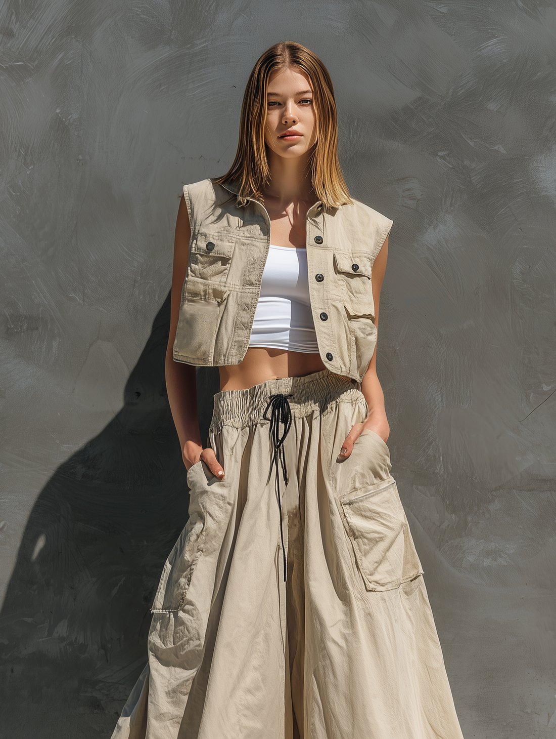 Women's Casual Khaki Woven Sleeveless Cropped Top/Vest Paired With A Long Skirt (Inner Layer Not Included) MDZ0763E5LXY