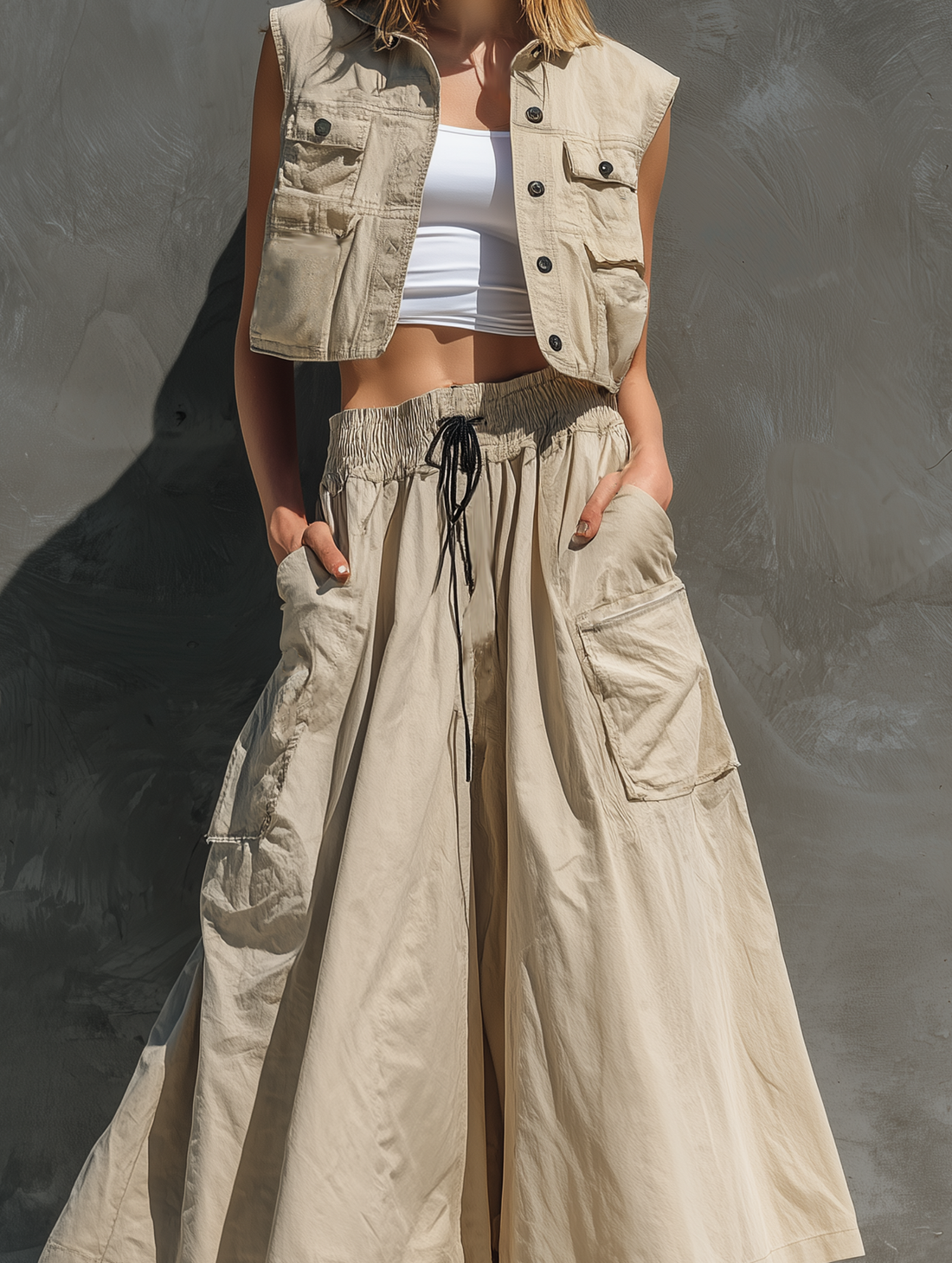Women's Casual Khaki Woven Sleeveless Cropped Top/Vest Paired With A Long Skirt (Inner Layer Not Included) MDZ0763E5LXY