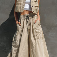 Women's Casual Khaki Woven Sleeveless Cropped Top/Vest Paired With A Long Skirt (Inner Layer Not Included) MDZ0763E5LXY