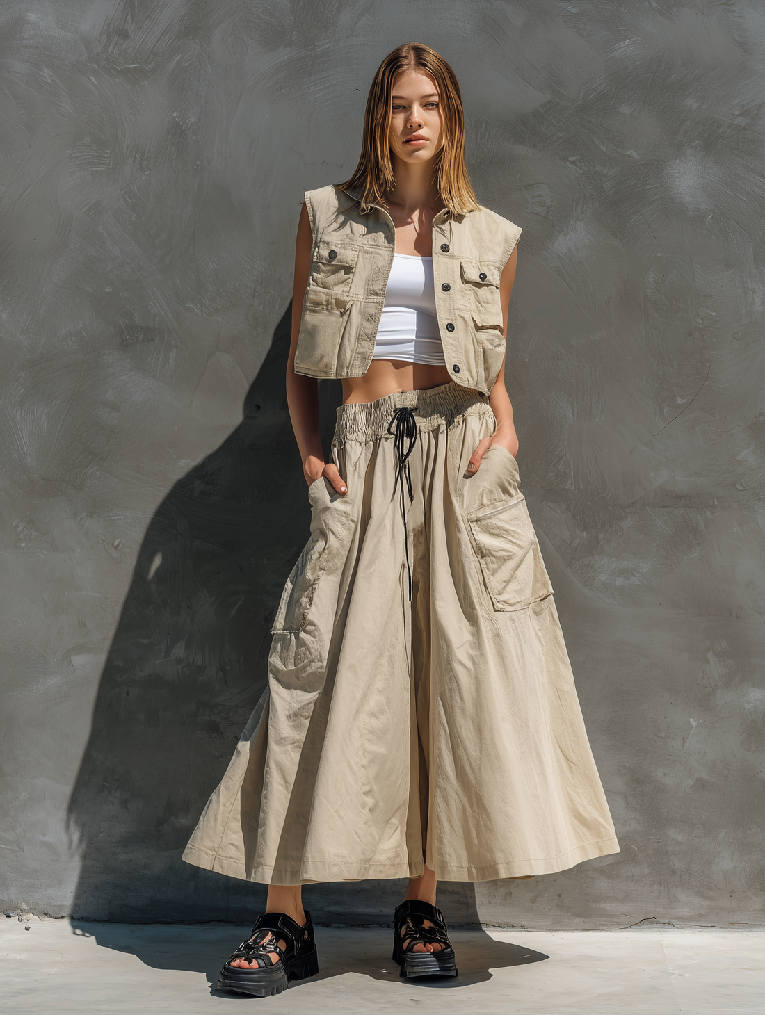 Women's Casual Khaki Woven Sleeveless Cropped Top/Vest Paired With A Long Skirt (Inner Layer Not Included) MDZ0763E5LXY