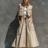 Women's Casual Khaki Woven Sleeveless Cropped Top/Vest Paired With A Long Skirt (Inner Layer Not Included) MDZ0763E5LXY