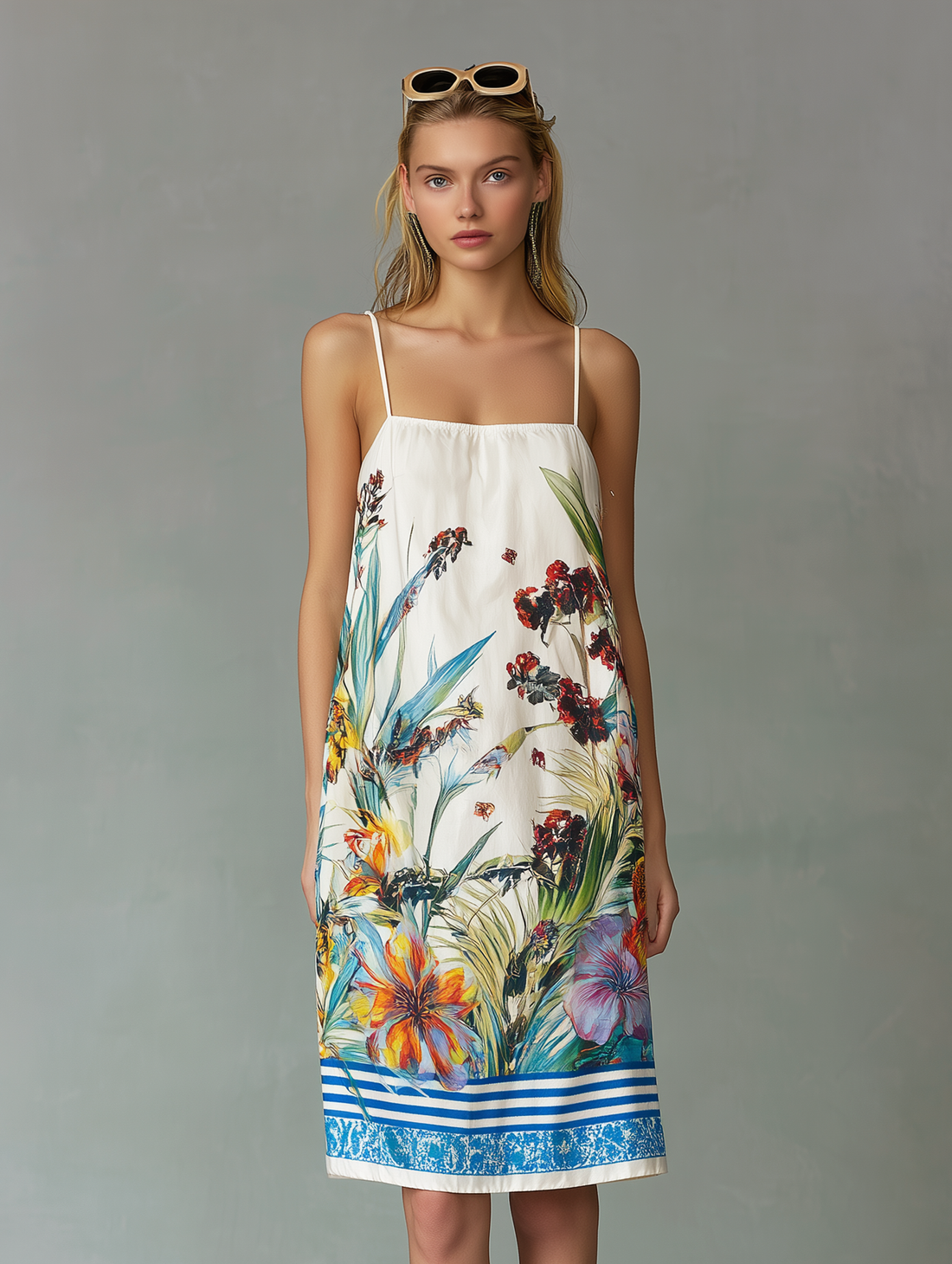 Women's Casual Woven Mini Dress: Colorful Print, Spaghetti Straps, Sleeveless, Loose Fit MDZ0719E0LXY