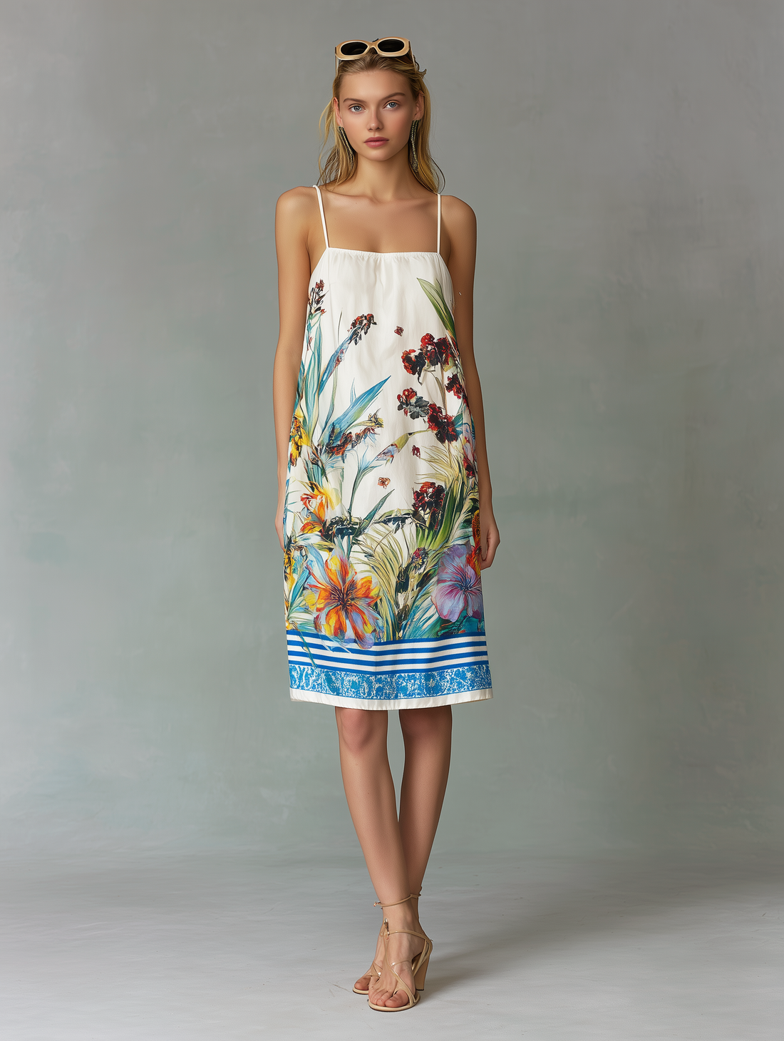Women's Casual Woven Mini Dress: Colorful Print, Spaghetti Straps, Sleeveless, Loose Fit MDZ0719E0LXY