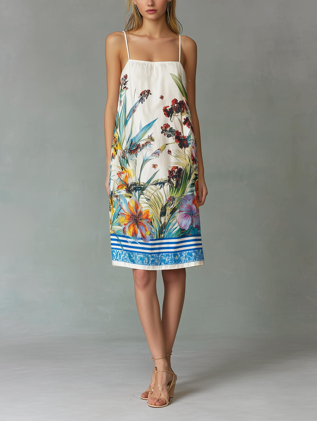 Women's Casual Woven Mini Dress: Colorful Print, Spaghetti Straps, Sleeveless, Loose Fit MDZ0719E0LXY