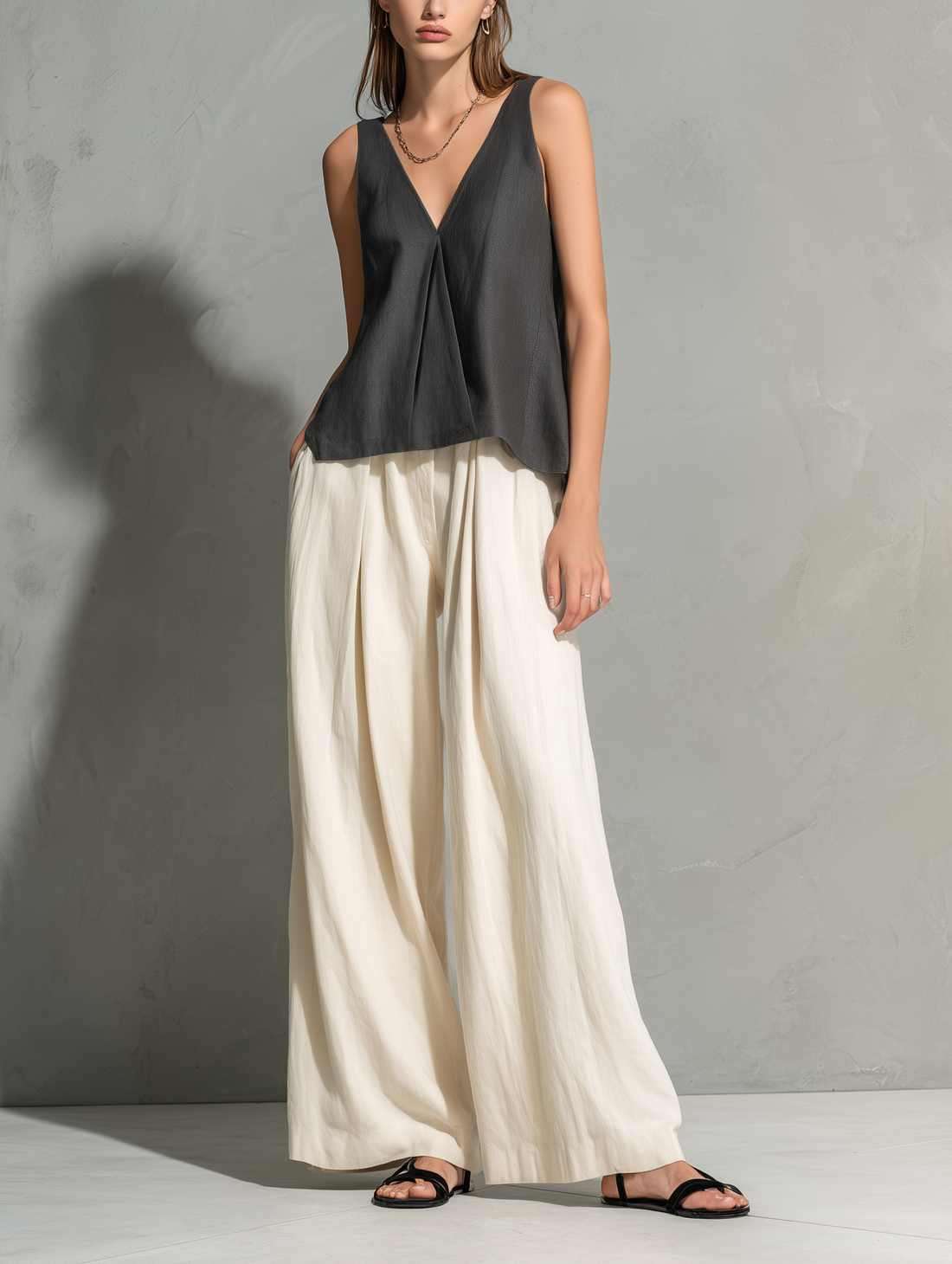 Women's Casual Grey Cotton-Linen V-Neck Sleeveless Top And Off-White Cotton-Linen Trousers Set MDZ0772E9LXY