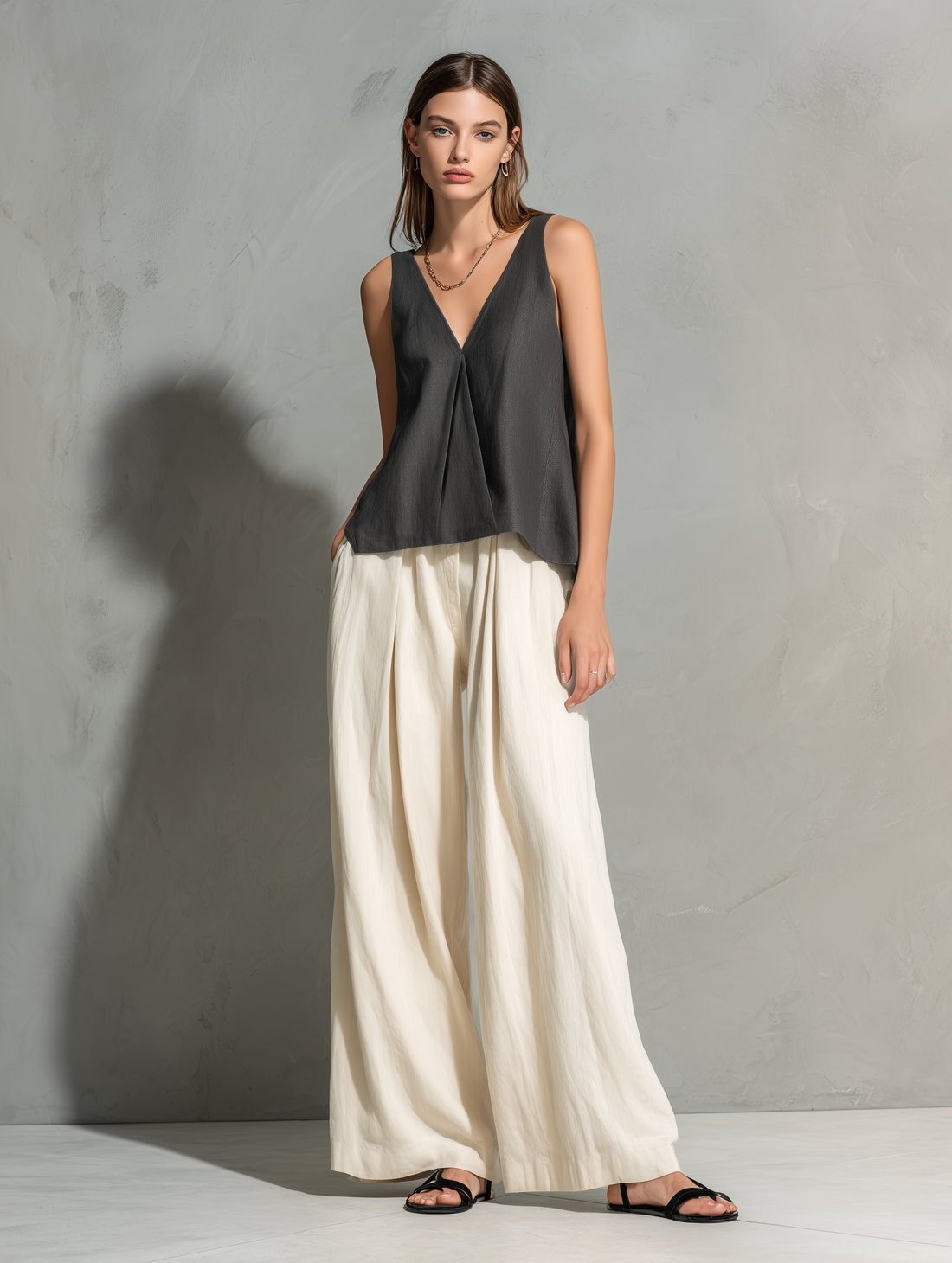 Women's Casual Grey Cotton-Linen V-Neck Sleeveless Top And Off-White Cotton-Linen Trousers Set MDZ0772E9LXY