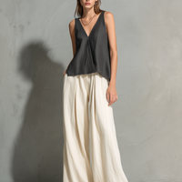 Women's Casual Grey Cotton-Linen V-Neck Sleeveless Top And Off-White Cotton-Linen Trousers Set MDZ0772E9LXY