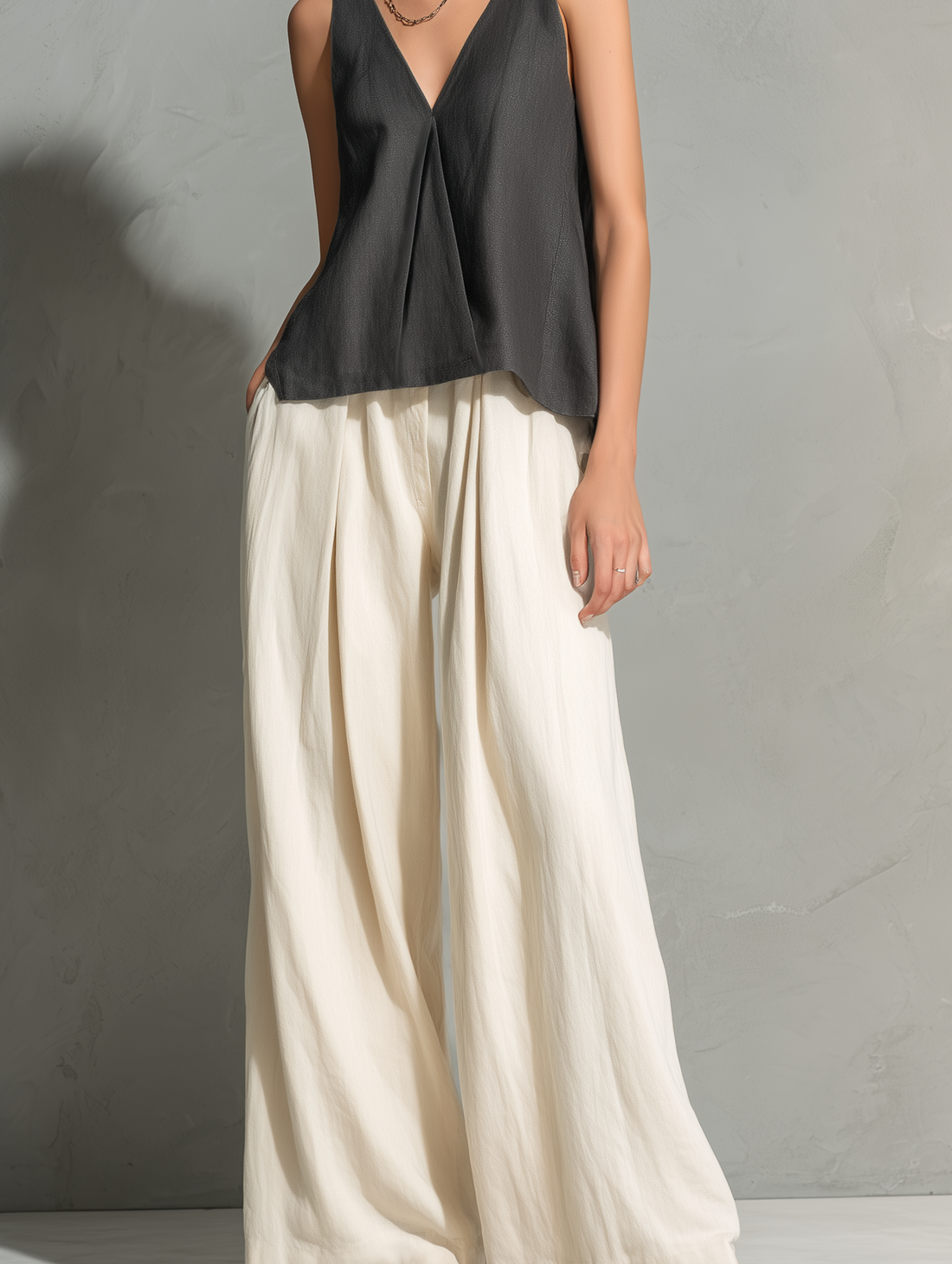 Women's Casual Grey Cotton-Linen V-Neck Sleeveless Top And Off-White Cotton-Linen Trousers Set MDZ0772E9LXY