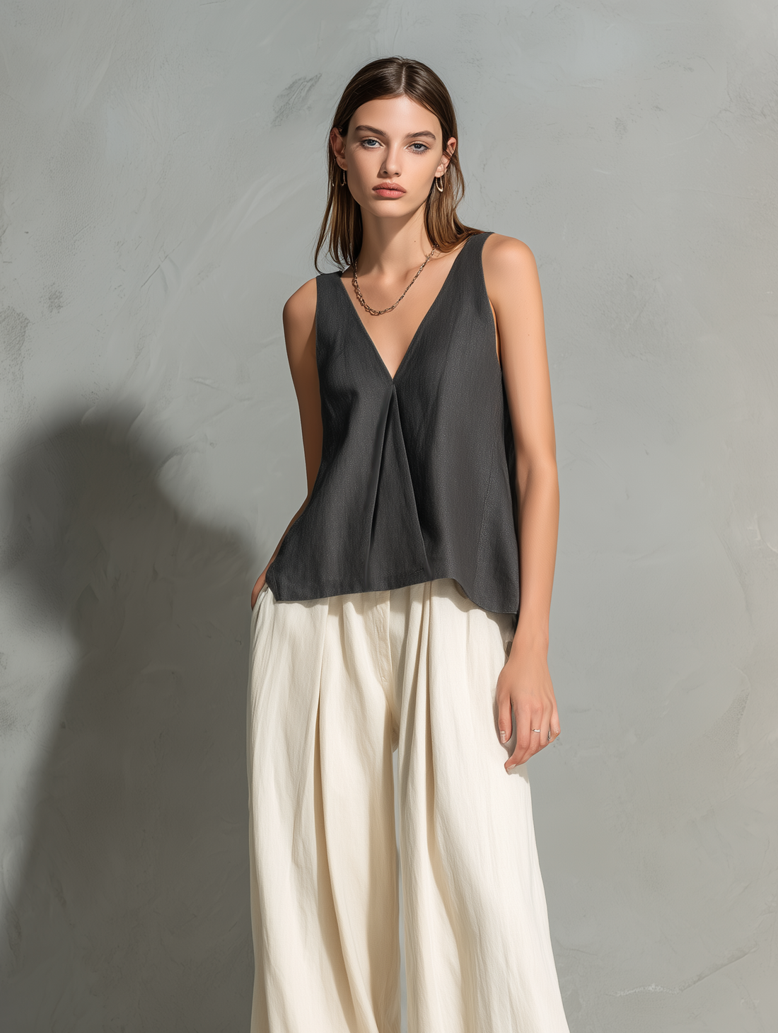 Women's Casual Grey Cotton-Linen V-Neck Sleeveless Top And Off-White Cotton-Linen Trousers Set MDZ0772E9LXY